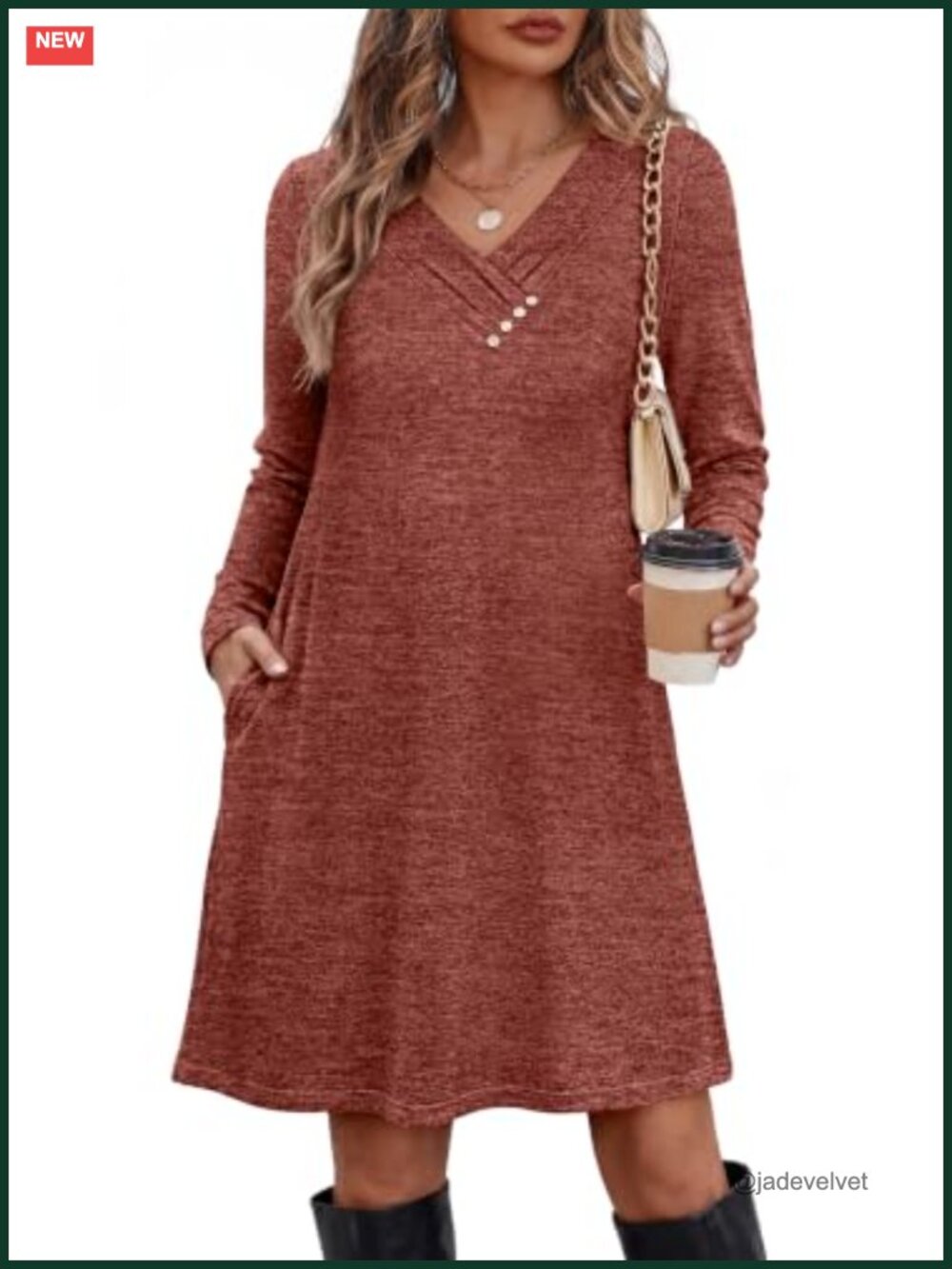 Long Sleeve Tunic Dress with Pockets V Neck Casual Fall Dress